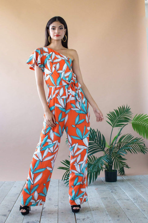 Amir One Shoulder Jumpsuit With Flutter Sleeve and Pockets- Rio Flora